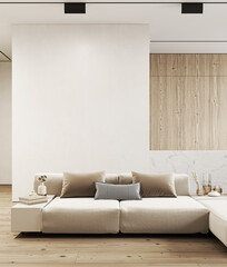 Modern, white minimalist interior with kitchen, wood floor, wall panels and bar. 3d render illustration mock up.