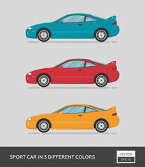Urban vehicle. Sport car in 3 different colors. Cartoon flat illustration, auto for graphic and web design.