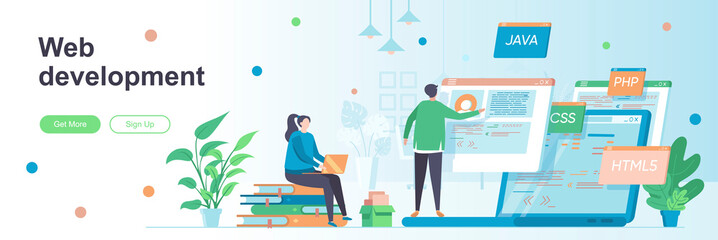 Web development landing page with people characters. Software engineering web banner. Full stack web development company vector illustration. Flat concept great for social media promotional materials.