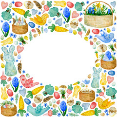 Watercolor Easter frame (basket with flowers, hyacinth, felt birds, hearts, vegetables and bunny, Easter eggs, grass). Handmade home decor. Isolated on white. Perfect for Easter card, poster