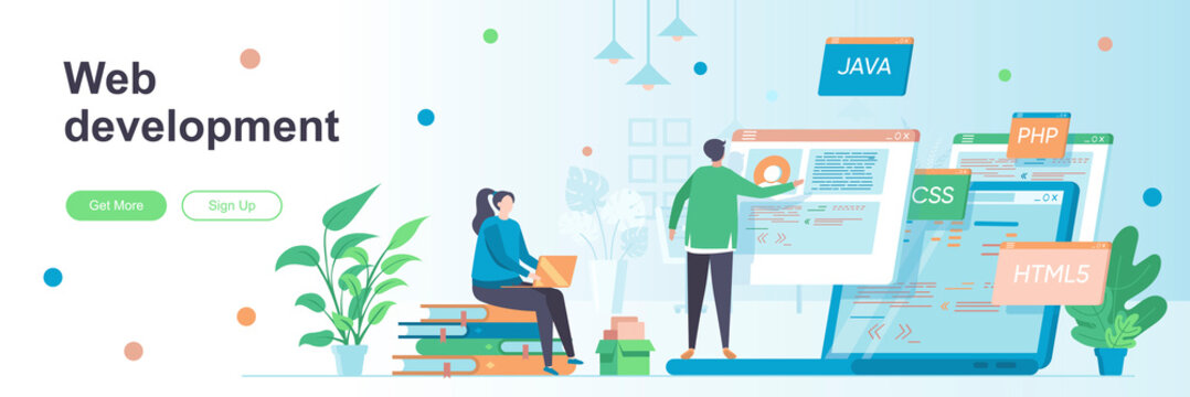 Web development landing page with people characters. Software engineering web banner. Full stack web development company vector illustration. Flat concept great for social media promotional materials.