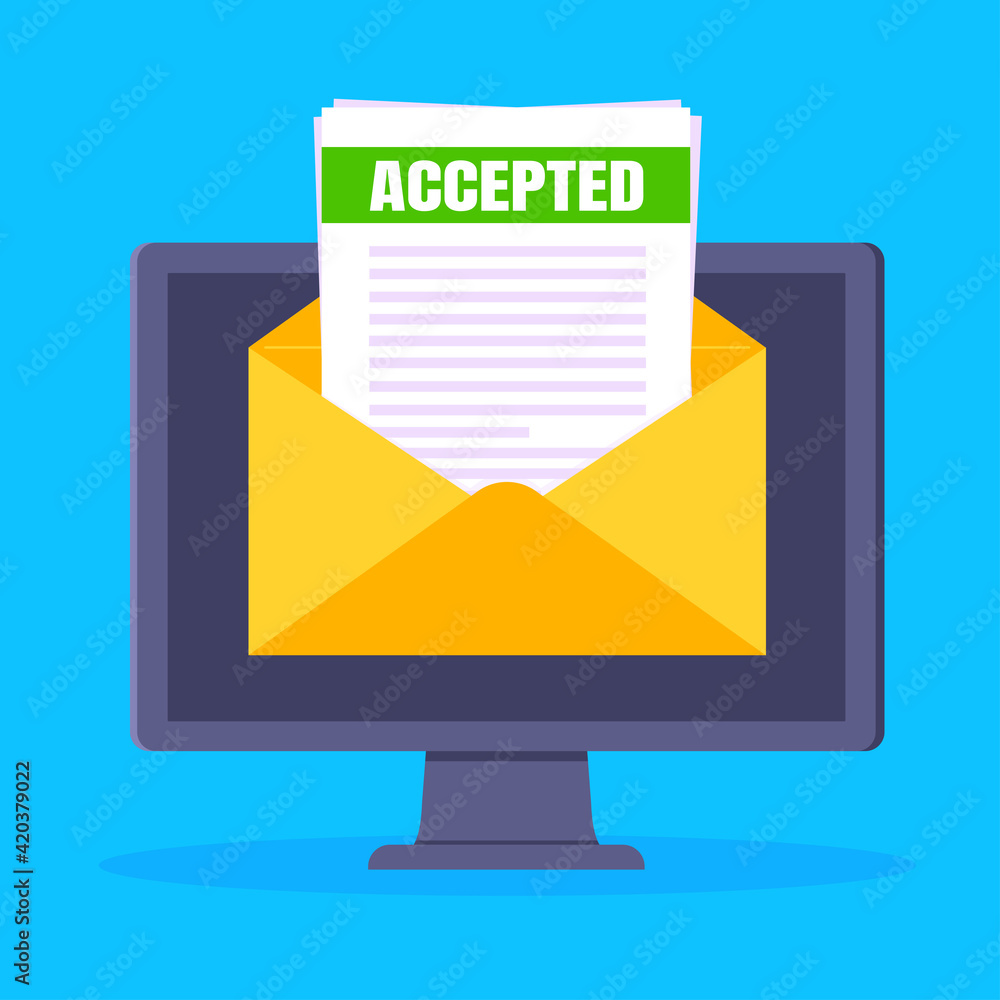 Poster college or university acceptance letter on computer screen, open envelope document email.