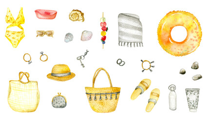 Watercolor Women's Summer items -  beach mat, bags, bracelets, wallet, straw hat,swimsuit, sunglasses,  bottle, sea shells, swimming ring, flip-flops. Isolated on white. Ideal for summer poster, card