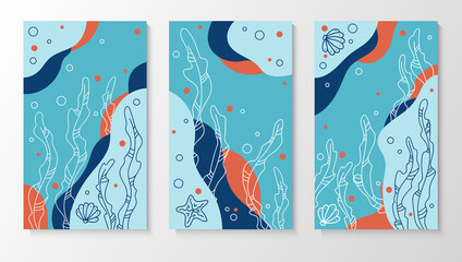 Set of modern abstract posters with seaweed, bottom, bubbles. Design for wall decoration, packaging, postcards, advertising. Vector