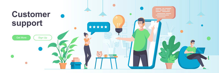 Customer support landing page with people characters. Online customer assistance service web banner. Call center operator vector illustration. Flat concept great for social media promotional materials