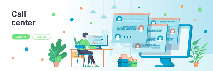 Call center landing page with people characters. Online hotline and helpdesk web banner. Customer assistance service vector illustration. Flat concept great for social media promotional materials.