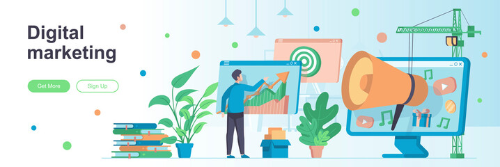 Fototapeta premium Digital marketing landing page with people. Social media and web content promotion web banner. SMM and SEO technology vector illustration. Flat concept great for social media promotional materials.