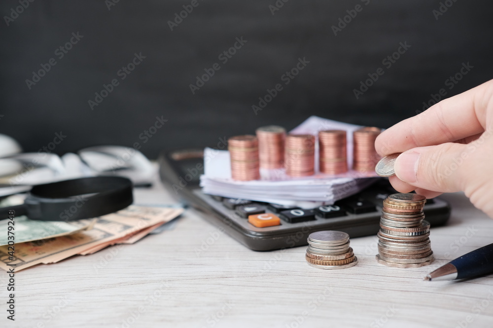 Poster stack of coin with on table background and saving money and business growth concept