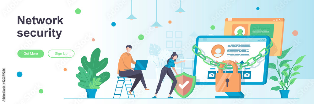 Poster Network security landing page with people characters. Online server protection system web banner. Personal data security vector illustration. Flat concept great for social media promotional materials.