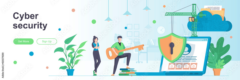 Aufkleber cyber security landing page with people characters. cybersecurity assistance provider web banner. pa