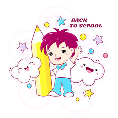 Back to school. Little smiling school boy with pencil