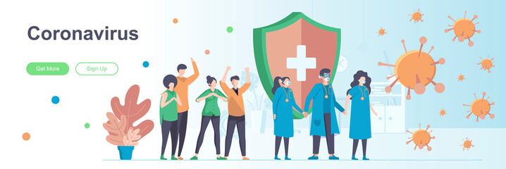 Coronavirus landing page with people characters. COVID-19 infection prevention and control web banner. Coronavirus disease vector illustration. Flat concept great for social media promotional material