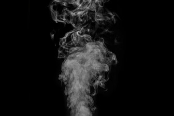 Original white curly steam on a black background. Abstract background, element for design