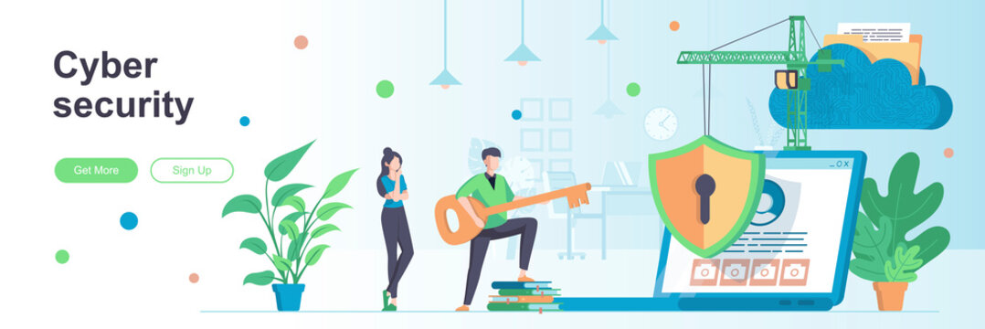 Cyber security landing page with people characters. Cybersecurity assistance provider web banner. Password verification vector illustration. Flat concept great for social media promotional materials.