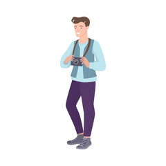 Young Man as Tourist Character with Camera on Excursion or Sightseeing Tour Vector Illustration