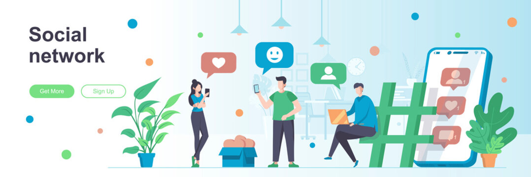 Social network landing page with people characters. Online messaging service web banner. chatting mobile application vector illustration. Flat concept great for social media promotional materials.