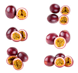 Set of whole and half of fresh passion fruit isolated on white background