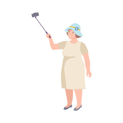 Woman Tourist Character on Excursion or Sightseeing Tour Holding Selfie Stick Vector Illustration