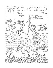 Coloring page with brave ants the sailors, boat, stream, fish, falling leaves
