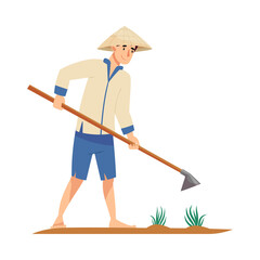 Vietnamese Man Farmer in Straw Conical Hat Holding Hoe Cultivating Soil Vector Illustration