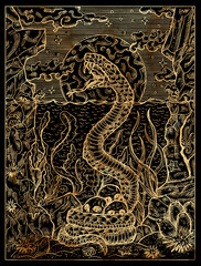 Black and gold marine illustration with scary snake, seascape and human skulls against full moon.