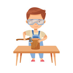Little Boy in Protective Goggles at Table with Wood Chopper or Cutter and Timber Woodworking Vector Illustration