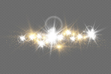 The dust sparks and golden stars shine with special light. Vector sparkles on a transparent background. Christmas light effect. Sparkling magical dust particles.