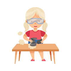 Little Blond Girl in Protective Goggles at Table Woodworking Smoothing and Polishing Timber Surface Vector Illustration