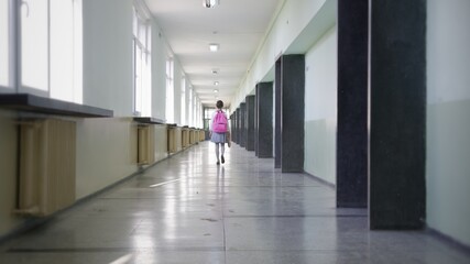 Lonely Little Child Girl Walking Down School Corridor Education Childhood Loneliness Depression...
