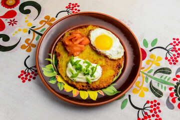 Healthy breakfast fried egg on a plate, healthy food. Ukrainian cuisine concept.