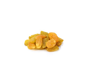 Yellow golden raisins isolated on white background.