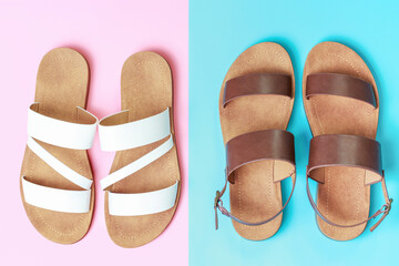 Two pairs of summer shoes on blue and pink background top view.