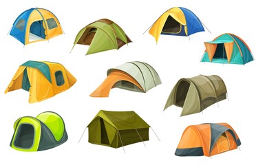 Cartoon tents vector icons, camping equipment set