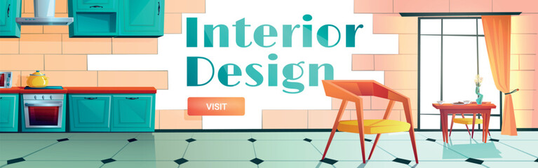 Fototapeta premium Interior design cartoon web banner. Home kitchen