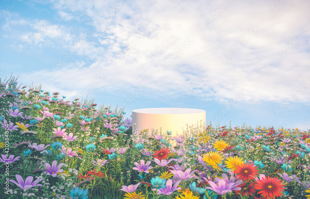 Poster natural beauty podium backdrop with spring flower field scene. 3d rendering.