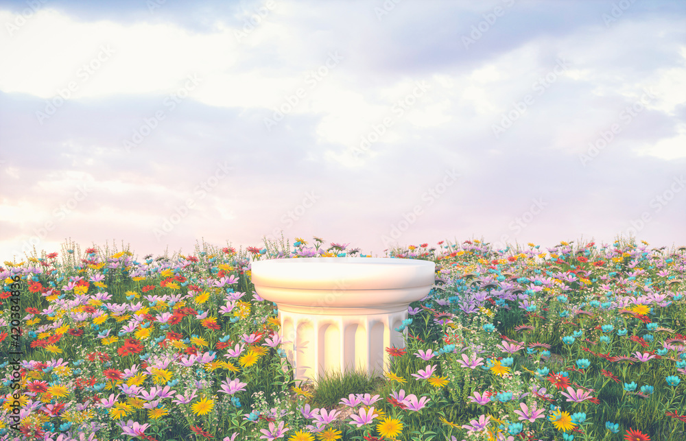 Poster natural beauty podium backdrop with spring flower field scene. 3d rendering.