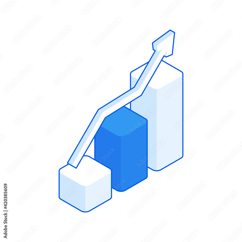 Poster infographic growth vector isometry. graph arrow on statistical columns