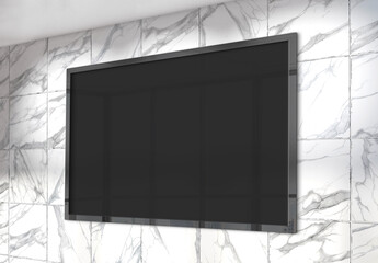 Black horizonal frame Mockup hanging on wall. Mock up of a billboard in modern marble office interior 3D rendering