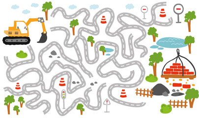 Labyrinth kids game with truck and excavator. Vector Illustration 10 eps