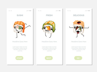 Delicious fresh sushi onboard screens set. flat vector illustration