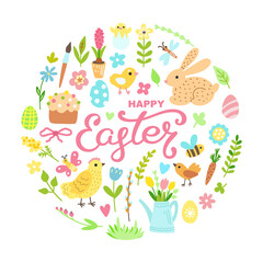 Happy Easter lettering with cute bunny, eggs, flowers, hen, chickens, birds, bee, butterfly. Hand drawn vector illustration isolated on white background, card template