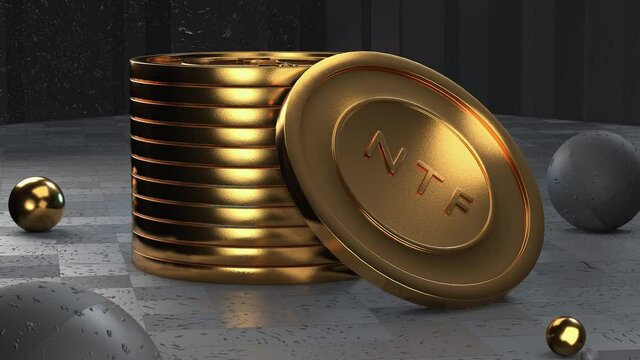 NTF coin token on grey background. Non-refundable token. 3d render. Crypto art place for selling. Blockchain concept.