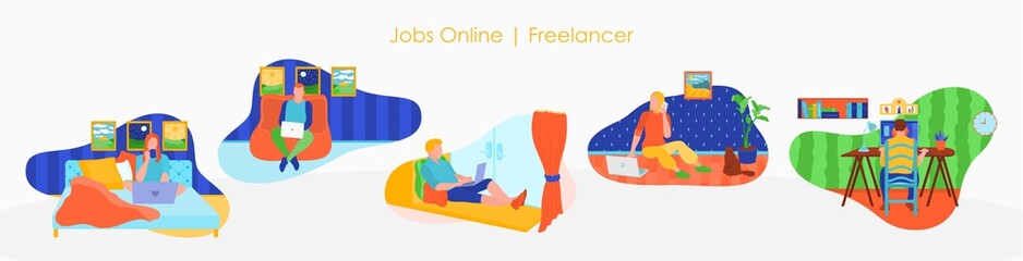 Jobs online, freelance people set. flat vector illustration
