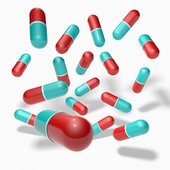 3d render medical drugs capsule in red and blue color on flying white background