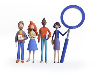 Group of diverse business people with a big magnifying glass. Concept of choice of worker, staff recruitment, Trendy 3d illustration.