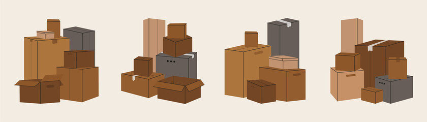 Set of isolated cardboard boxes for moving. Moving concept. Brown boxes of various sizes. Vector stock illustration. Trucking, delivery, logistics, packaging.