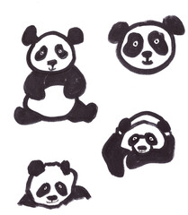 Set of drawn pandas, black and white graphic drawing