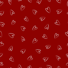 Abstract seamless pattern with white hearts on a red background. Pencil drawn style. Universal print
