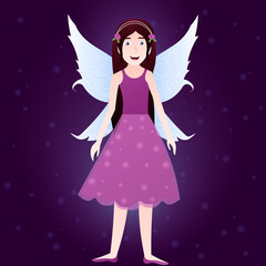 Magical fairy creature on dark violet background with beautiful wings shining, children fantasy book character