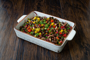 Black Chickpea Salad with Red Onions, Yellow Sweet Peppers and Dill.